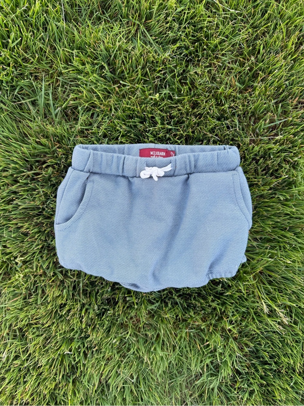 MilkBarn Baby Bloomers Shorts Blue Gray Size 6-12 Months Soft Knit Pockets